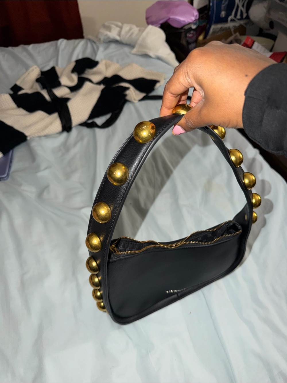BCBGeneration Black Shoulder Bag with Gold Dome Studs